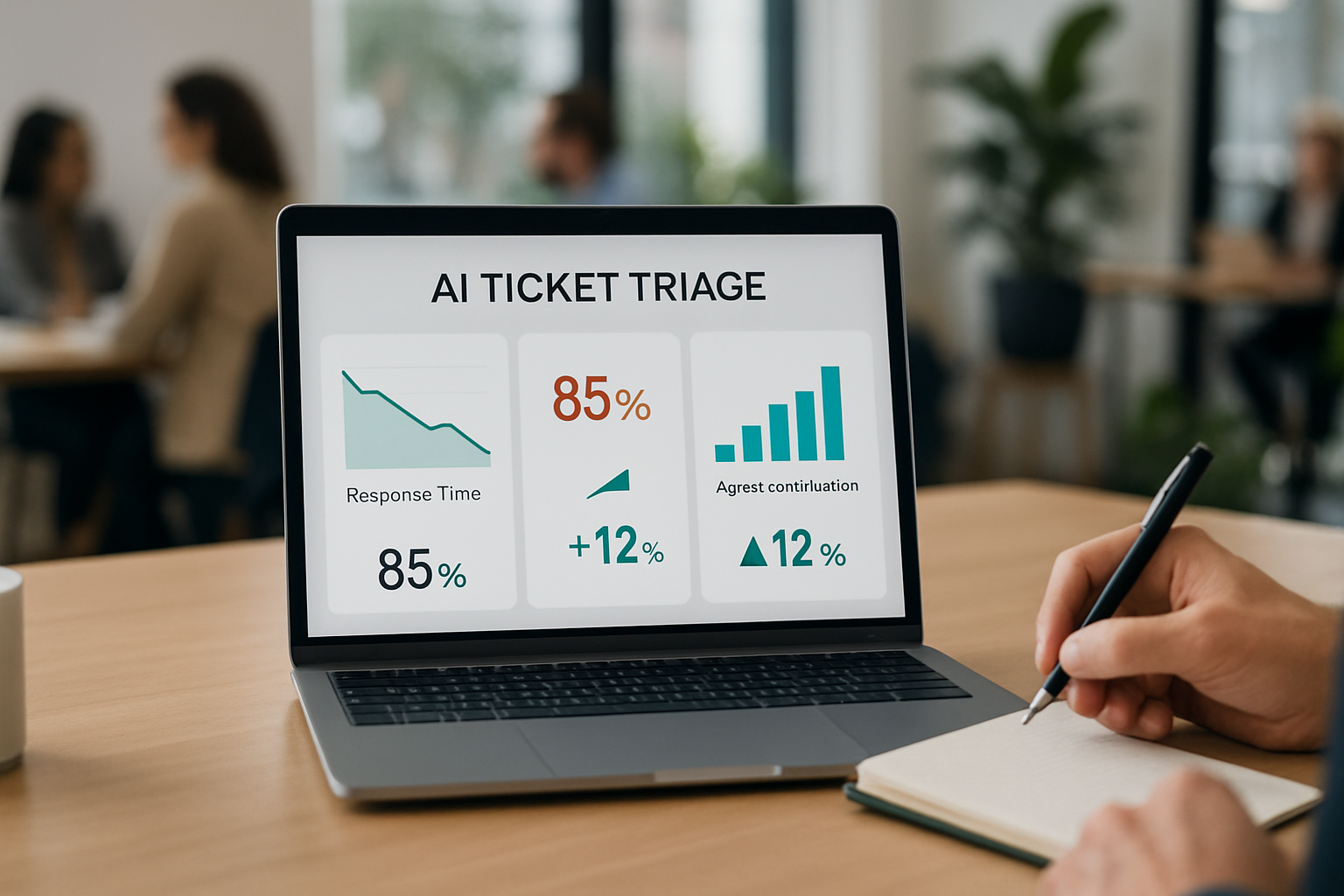 This image anchors key learnings by depicting measurable AI performance metrics in a clear dashboard format, reinforcing understanding of benefits like faster responses and improved agent workload management.