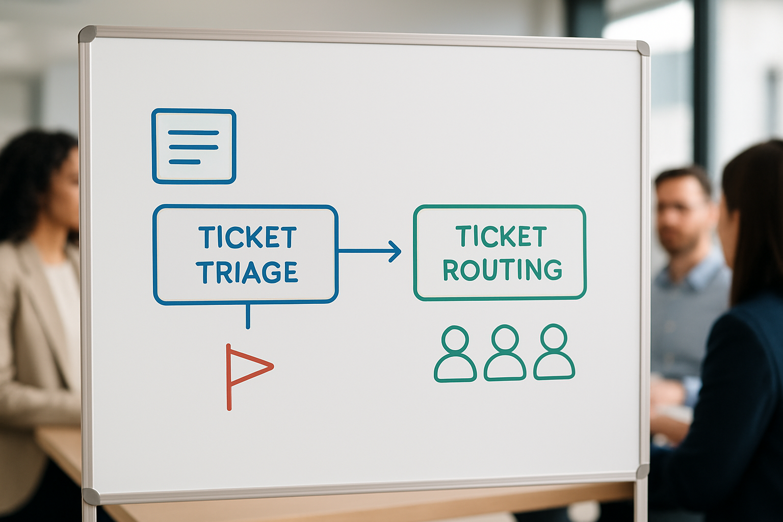 This flowchart clarifies how AI systematically triages and routes support tickets by categorizing content, prioritizing urgency, and assigning the right agent, making a complex process tangible.