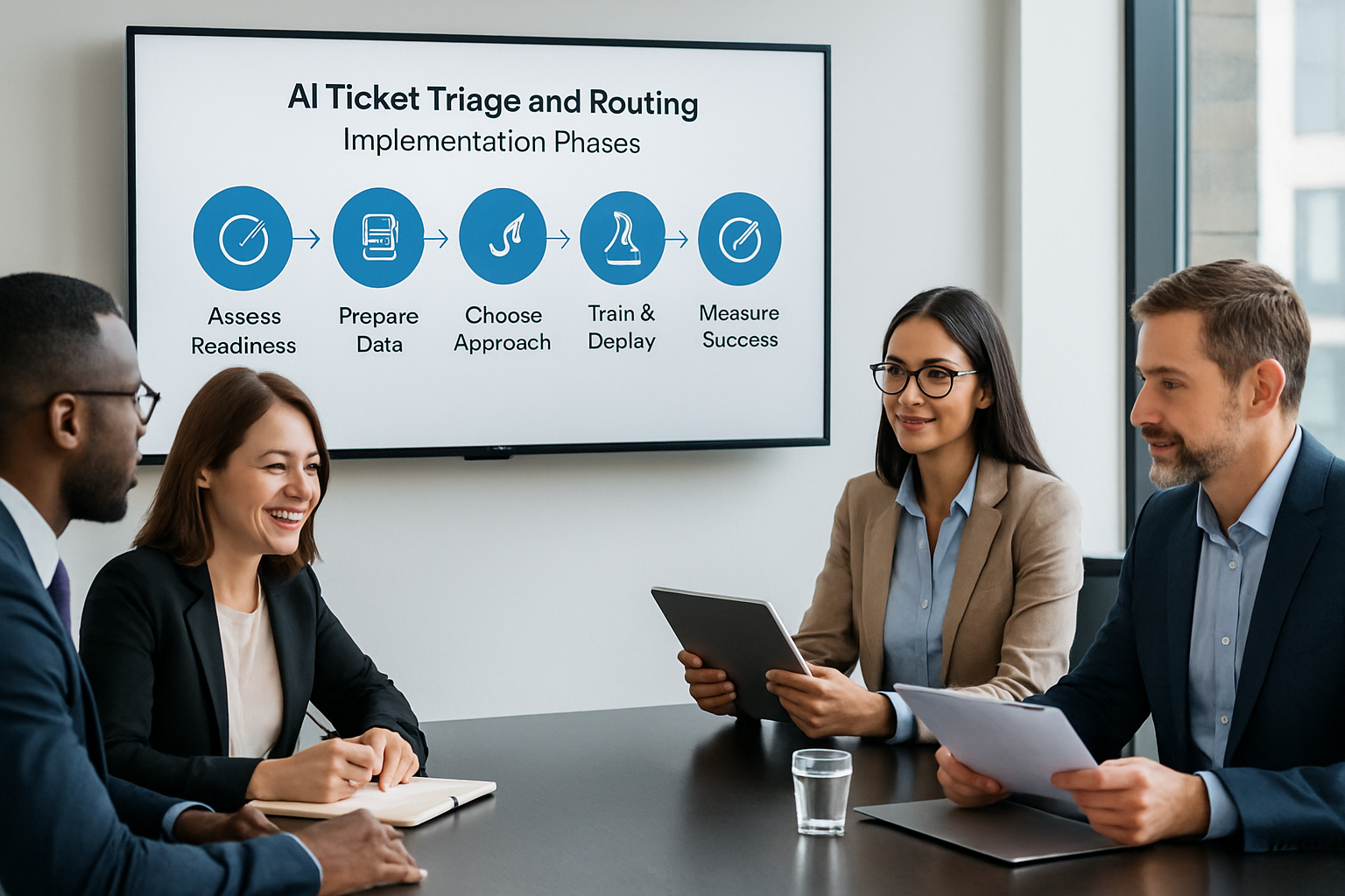 This image demonstrates the practical, stepwise process of implementing AI-powered ticket triage and routing, helping learners visualize operational stages from readiness assessment to success measurement.